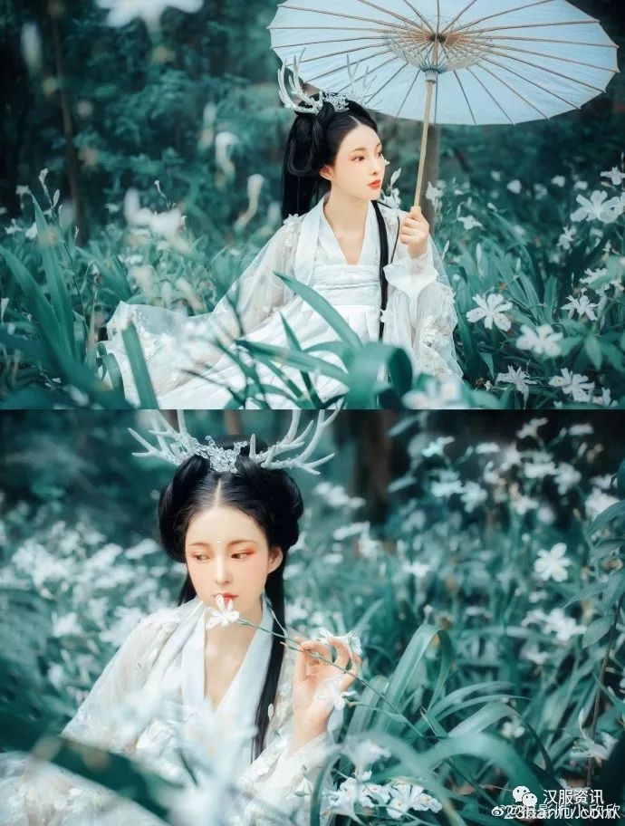 [美女]蒲扇淡妆红白色汉服齐胸襦裙